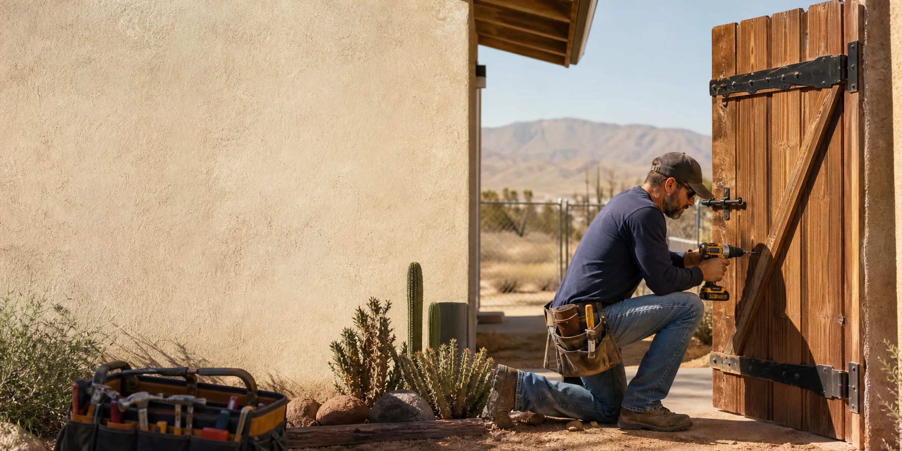 A craftsman repairing a gate for the High Desert Handyman sample website
